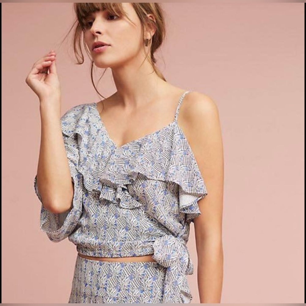 Anthropologie Maeve Ruffled Wrap Tie Cropped Top Blue Pineapple Print Medium
